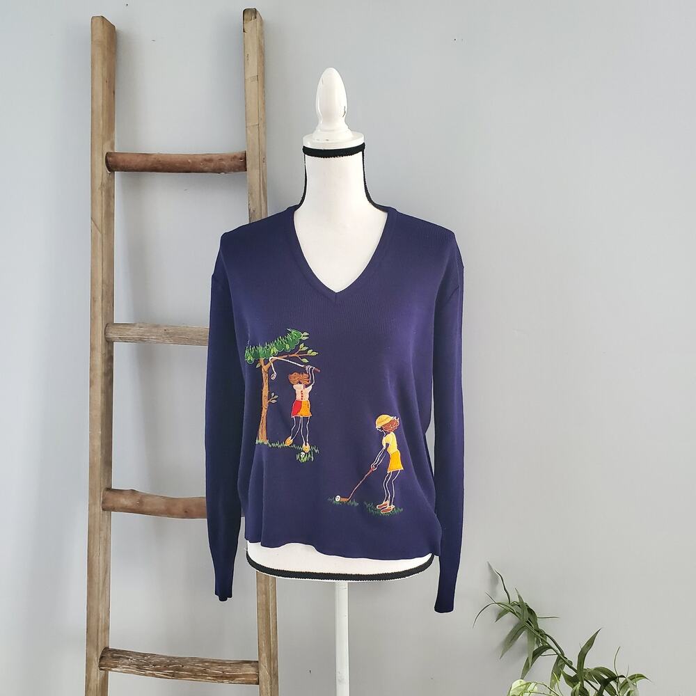 Andrew Argenti Vintage Blue V-Neck Lightweight Golf Embroidered Sweater L
